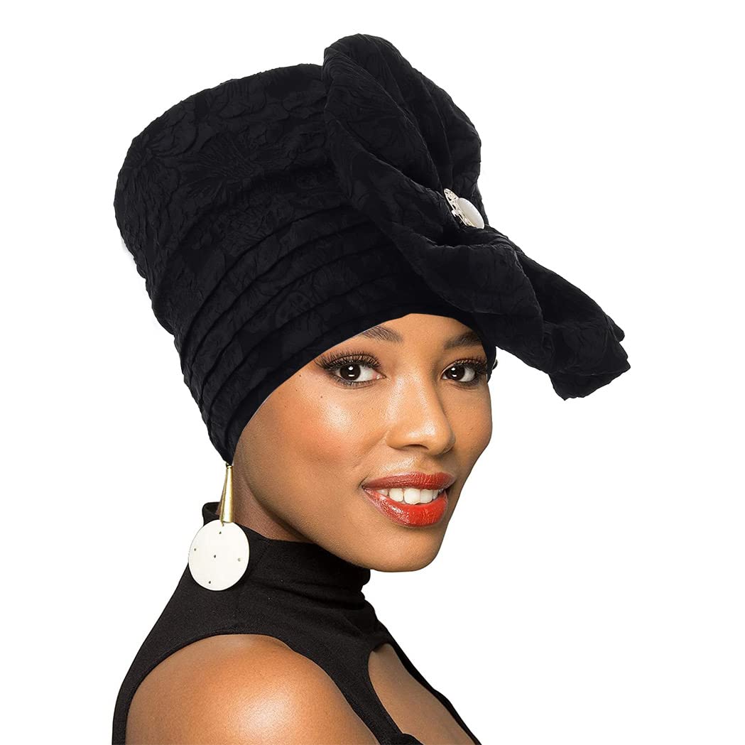 Urieo Big Flower Turban Black Beanie Head Wrap Elastic Ruffle Headwrap Hat for Women