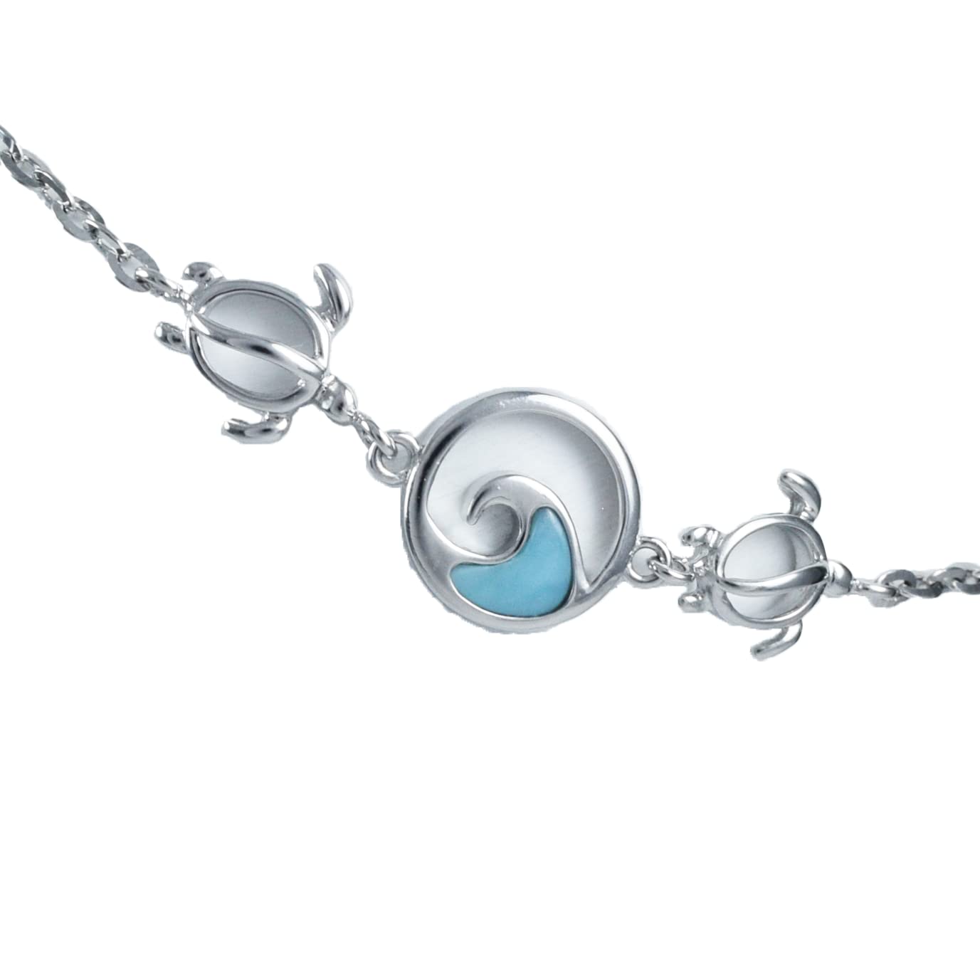 Unique Hawaiian Genuine Larimar Ocean Wave Sea Turtle Ankle Bracelet, Sterling Silver Larimar Wave Turtle Anklet, B9395A