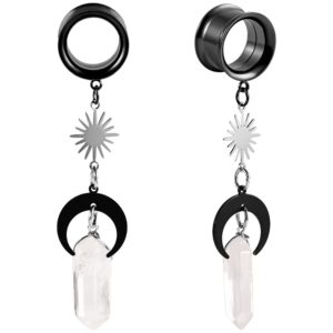 maxbott 2pcs moon-pendant natural stone stainless steel dangle ear plugs tunnels stretcher piercing body jewelry (10mm(00g), black)