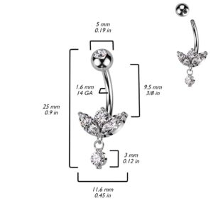 Pierced Owl 14GA 316L Stainless Steel CZ Crystal Marquise with Dangling Gem Belly Button Ring (Silver Tone)