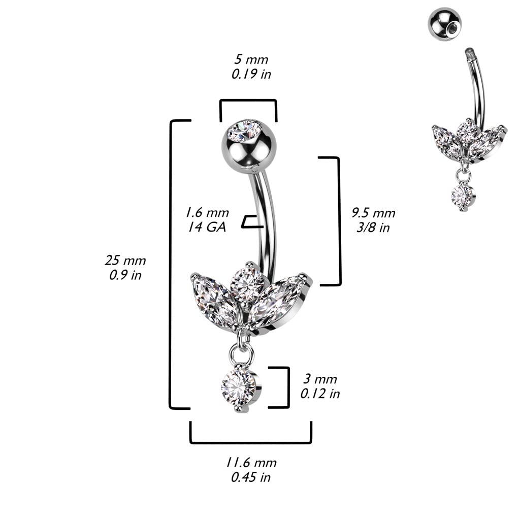 Pierced Owl 14GA 316L Stainless Steel CZ Crystal Marquise with Dangling Gem Belly Button Ring (Silver Tone)