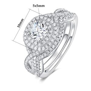 MDFUN Moissanite Stackable Rings for Women 18K White Gold Plated Two-in-One Cushion Halo CZ Wedding Engagement Promise Eternity Band (6)