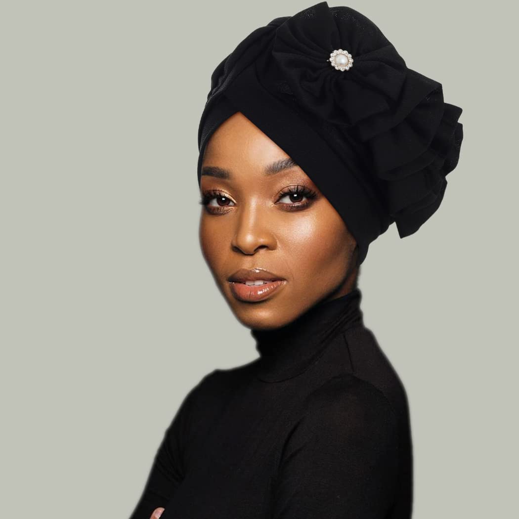 Urieo Women Turban Flower Cap African Headwrap Hat Elastic Beanie Head Warp Pack of 3