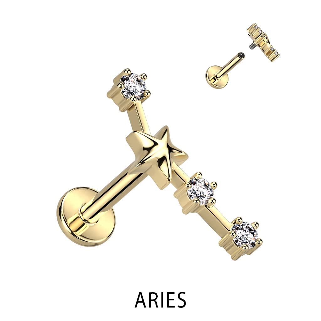 Pierced Owl 18GA Gold Plated 316L Stainless Steel Internally Threaded CZ Crystal Zodiac Constellation Flat Back Stud (Aries)