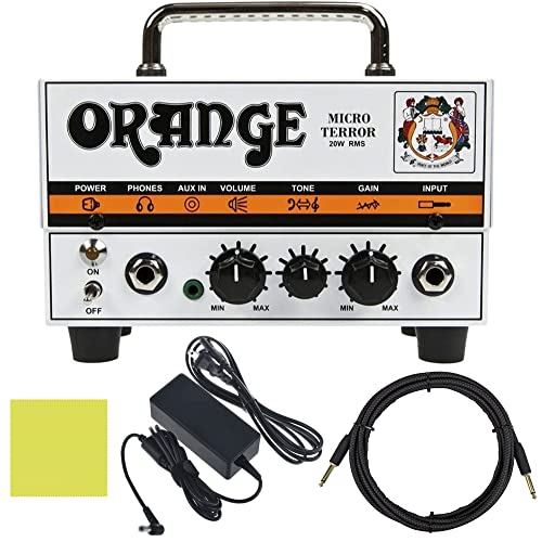 Orange MT20 Micro Terror 20-Watt Mini Hybrid Guitar Amplifier Head Bundle w/ 10' Pig Hog Woven Instrument Cable, Power Supply and Liquid Audio Polishing Cloth (4 Items)