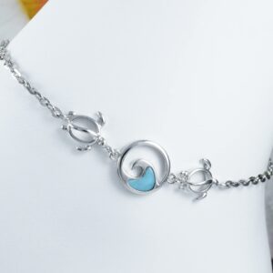 Unique Hawaiian Genuine Larimar Ocean Wave Sea Turtle Ankle Bracelet, Sterling Silver Larimar Wave Turtle Anklet, B9395A