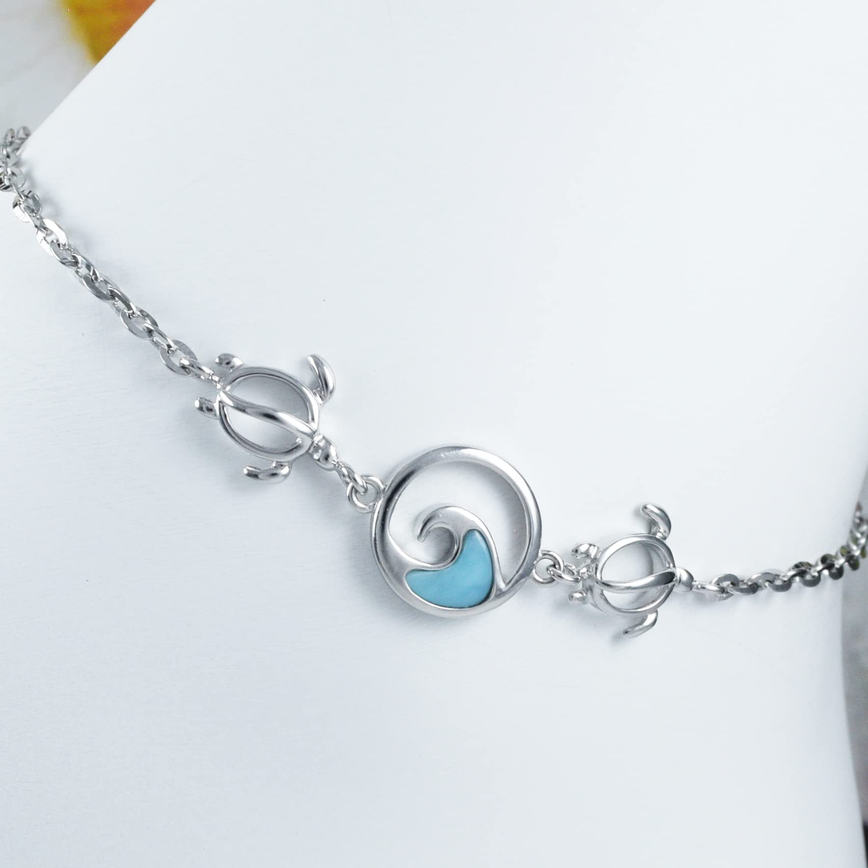 Unique Hawaiian Genuine Larimar Ocean Wave Sea Turtle Ankle Bracelet, Sterling Silver Larimar Wave Turtle Anklet, B9395A