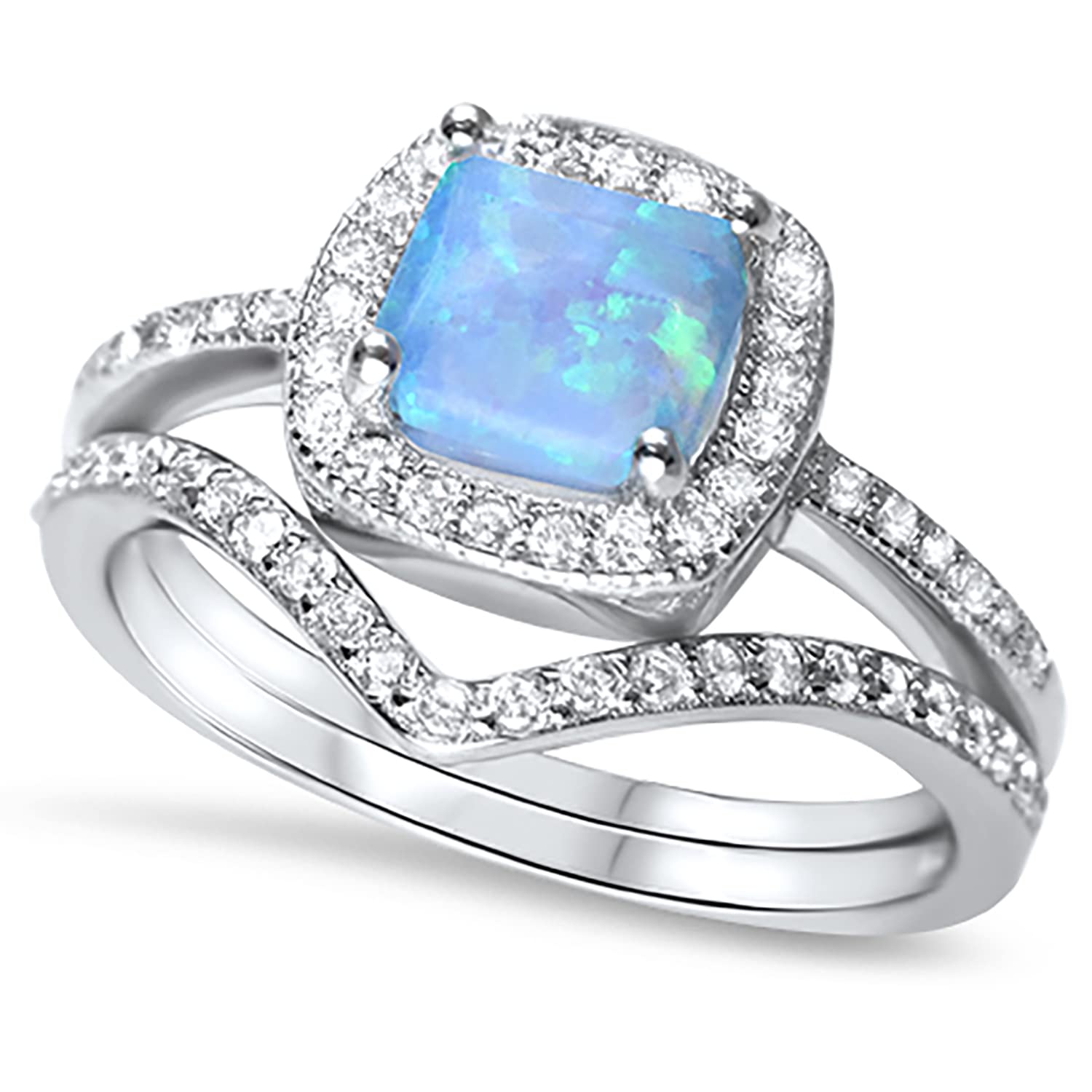 LaRaso & Co Sterling Silver Princess Cut 1 carat Blue Lab Opal Wedding Engagement Bridal Ring Set 8