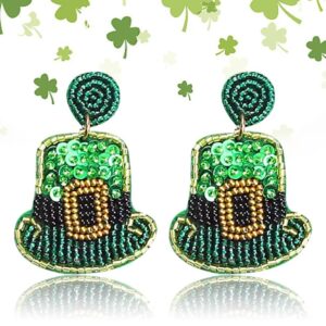 St. Patrick's Day Earrings for Women，Beaded Green Glitter Irish Handmade Hat Dangling Earrings for Women St. Patrick's Day Irish Holiday Jewelry Gift