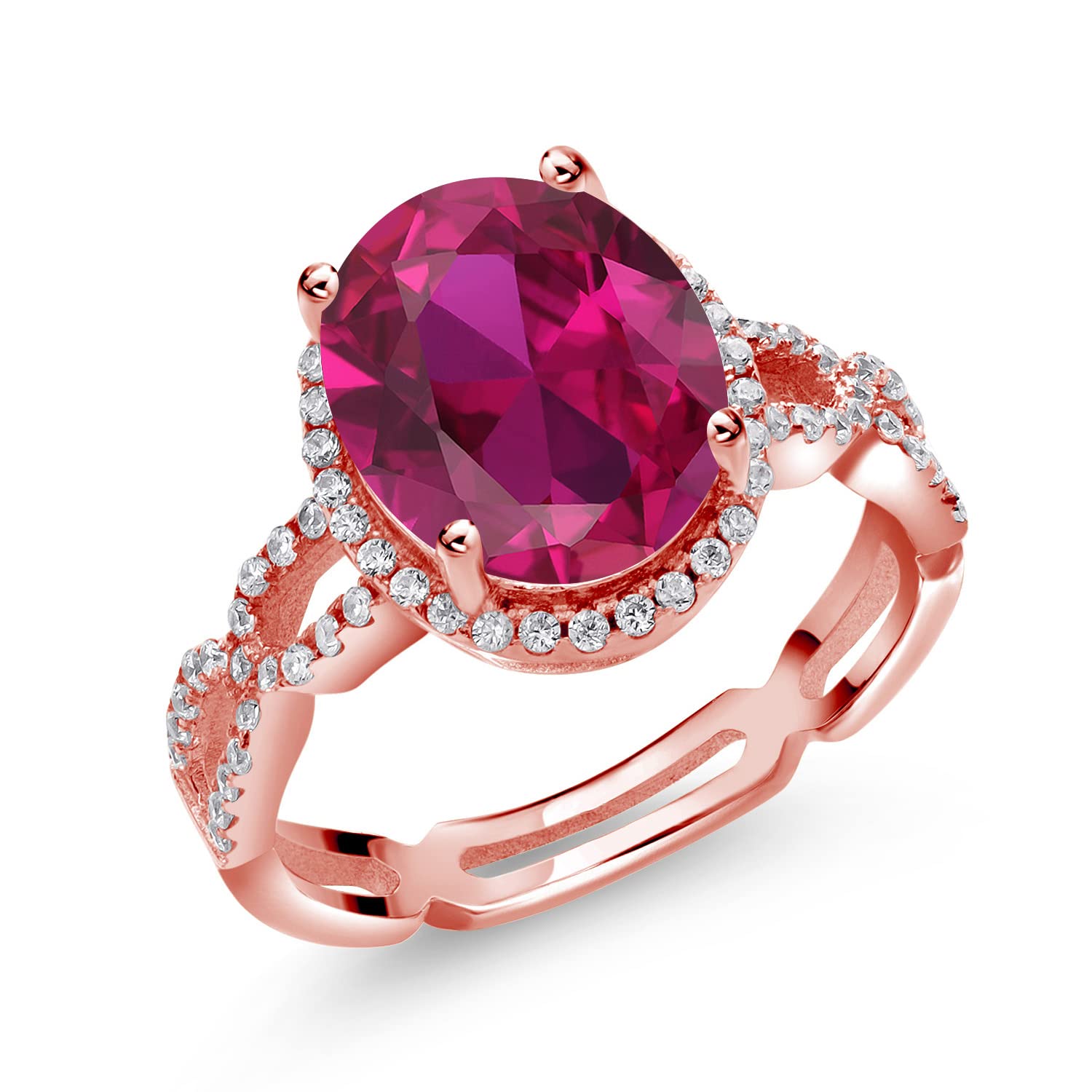 Gem Stone King 18K Rose Gold Plated Silver Red Created Ruby and White Created Sapphire Ring For Women (4.55 Cttw, Available In Size 5, 6, 7, 8, 9)