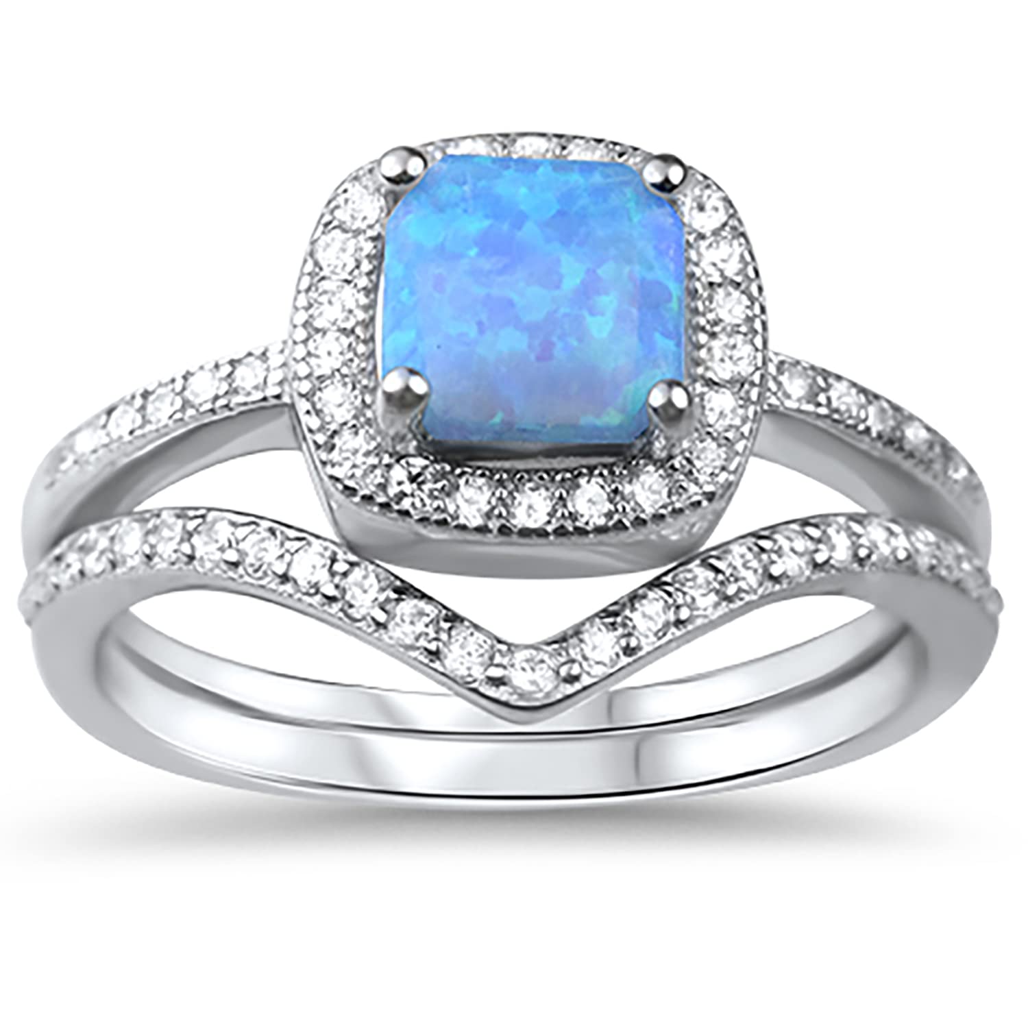 LaRaso & Co Sterling Silver Princess Cut 1 carat Blue Lab Opal Wedding Engagement Bridal Ring Set 8