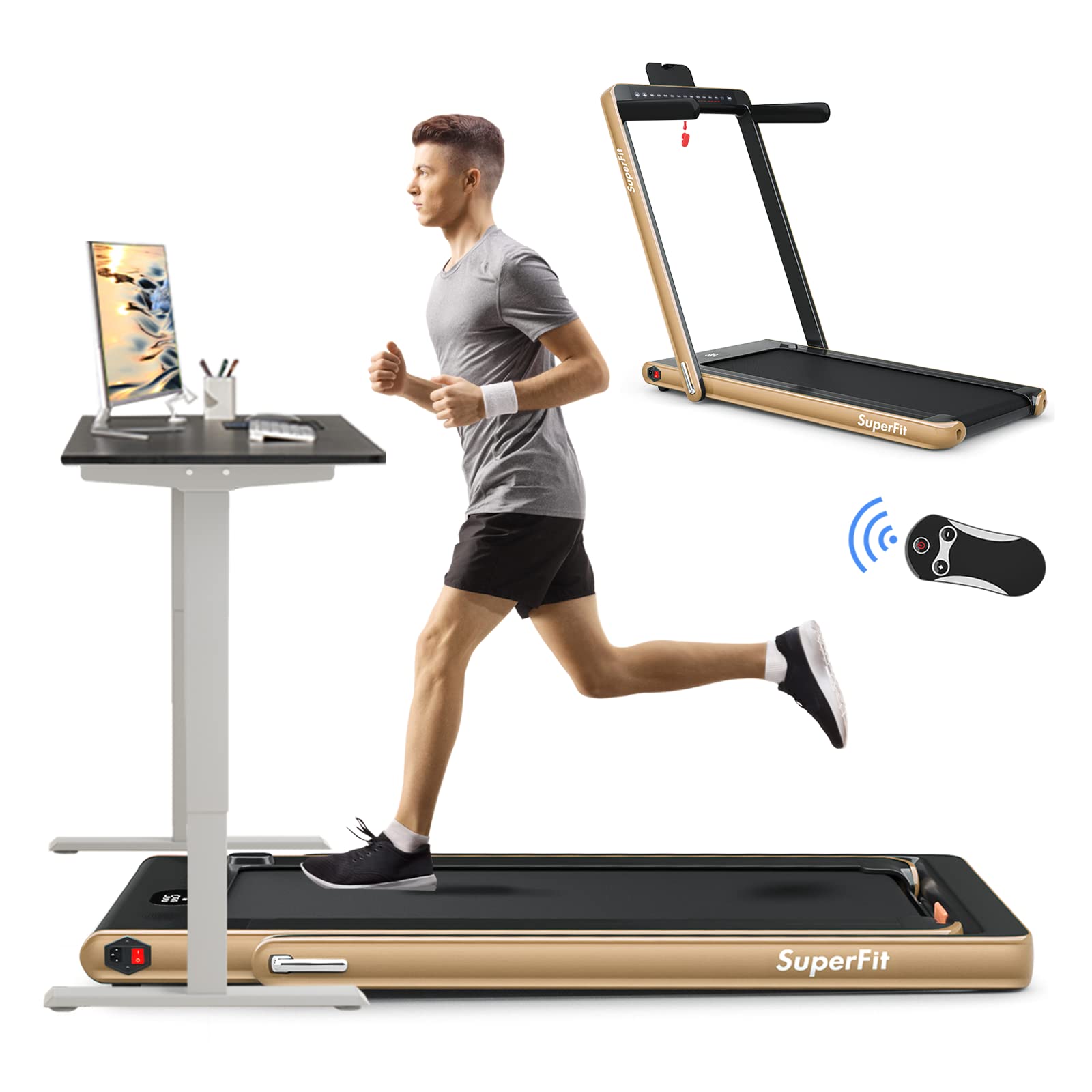 SPORFIT 2 in 1 Folding Treadmill, Portable Walking Pad Superfit Treadmill Under Desk w/Dual Digital Display, Bluetooth Speaker & Remote Control, Electric Walking Jogging Machine for Home/Office Use