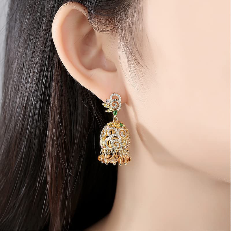 14K Gold Indian Tassel Crystal Drop Earrings for Women,Vintage Palace Style Bell Shape Heavy Industry Dangle Earrings,Fashion Christmas Jewelry Gift for Her (Style 2, 14K Gold)