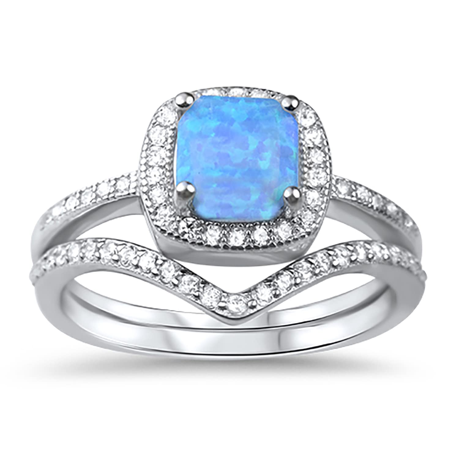 LaRaso & Co Sterling Silver Princess Cut 1 carat Blue Lab Opal Wedding Engagement Bridal Ring Set 8