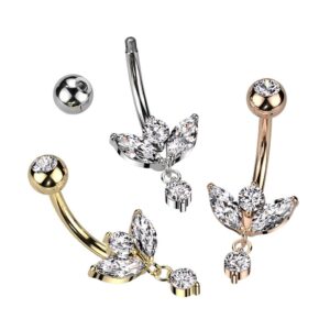 Pierced Owl 14GA 316L Stainless Steel CZ Crystal Marquise with Dangling Gem Belly Button Ring (Silver Tone)