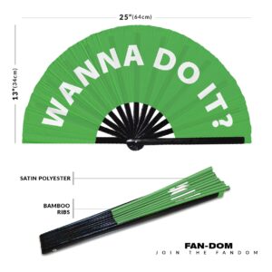 Wanna Do It? hand fan foldable bamboo circuit hand fan funny gag slang words expressions statement gifts Festival accessories Rave handheld Circuit event fan Clack fans (Green)