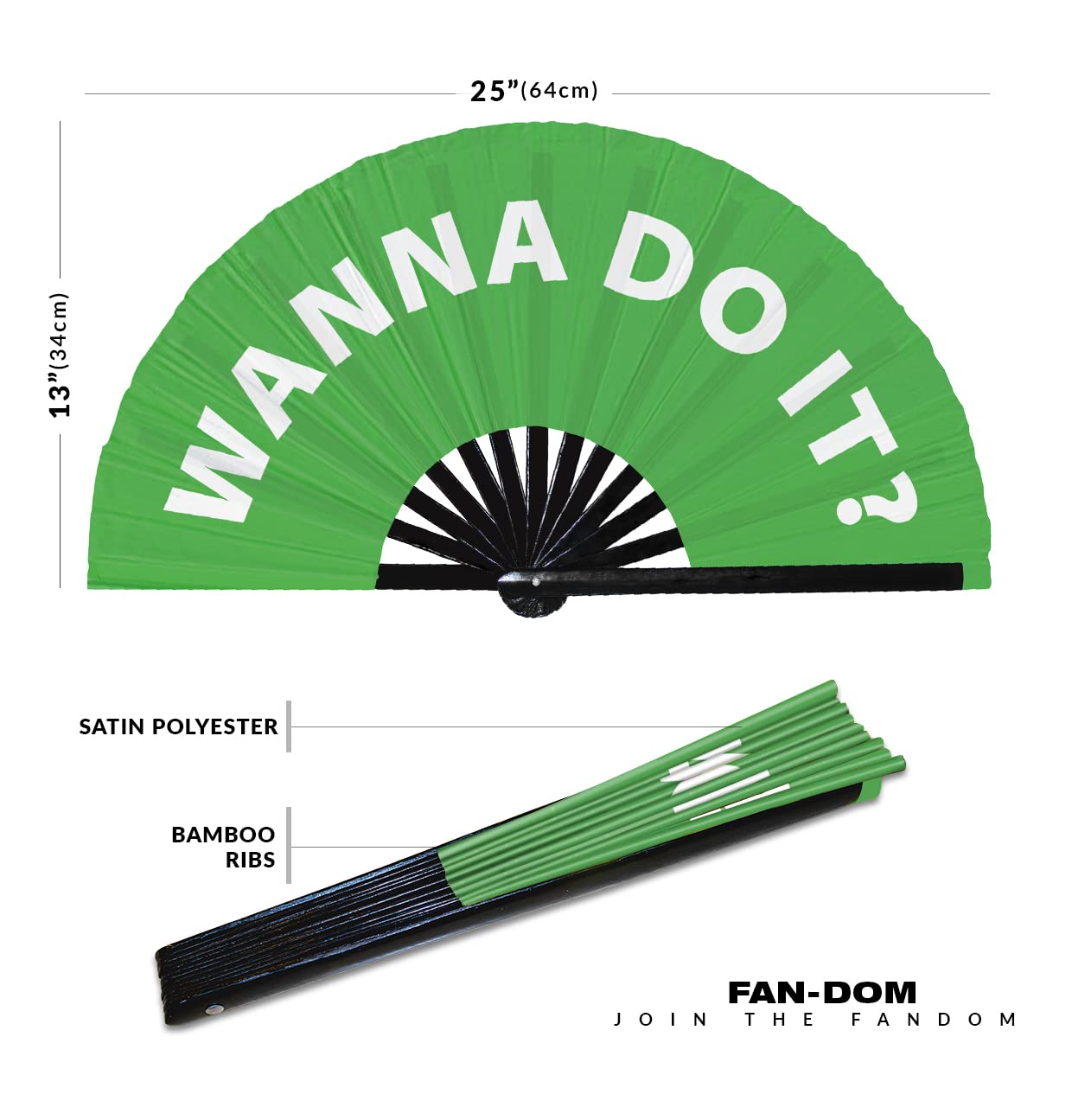 Wanna Do It? hand fan foldable bamboo circuit hand fan funny gag slang words expressions statement gifts Festival accessories Rave handheld Circuit event fan Clack fans (Green)