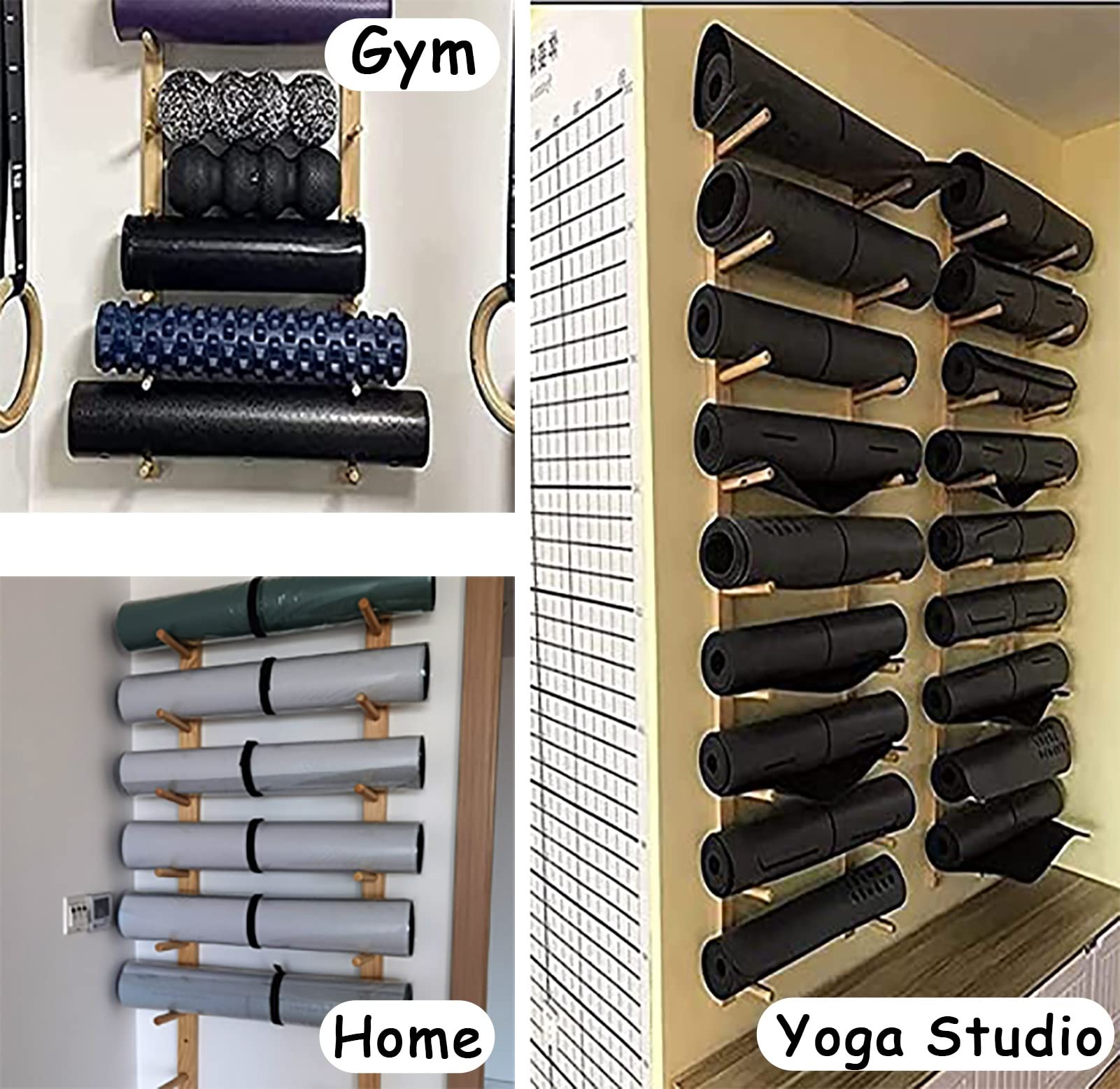 MTSON Yoga Mat Holder Home Wooden Yoga Mat Holder Gym Decor, for Foam Rollers Yoga Mat/Sports Sweat Towel, Yoga Studio or Commercial Gym Large Storage Yoga Mat Accessories