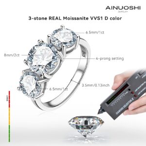 AINUOSHI 2-4CT Moissanite Engagement Ring, 3-stone Wedding Band for Women 925 Sterling Silver Round Cut Diamond Anniversary Promise Rings for Her Christmas Gift, Jewelry Box Packed With Certificate