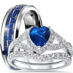 laraso & co his hers trio wedding set sterling silver blue sapphire cz bridal band engagement couples rings him her thin blue line