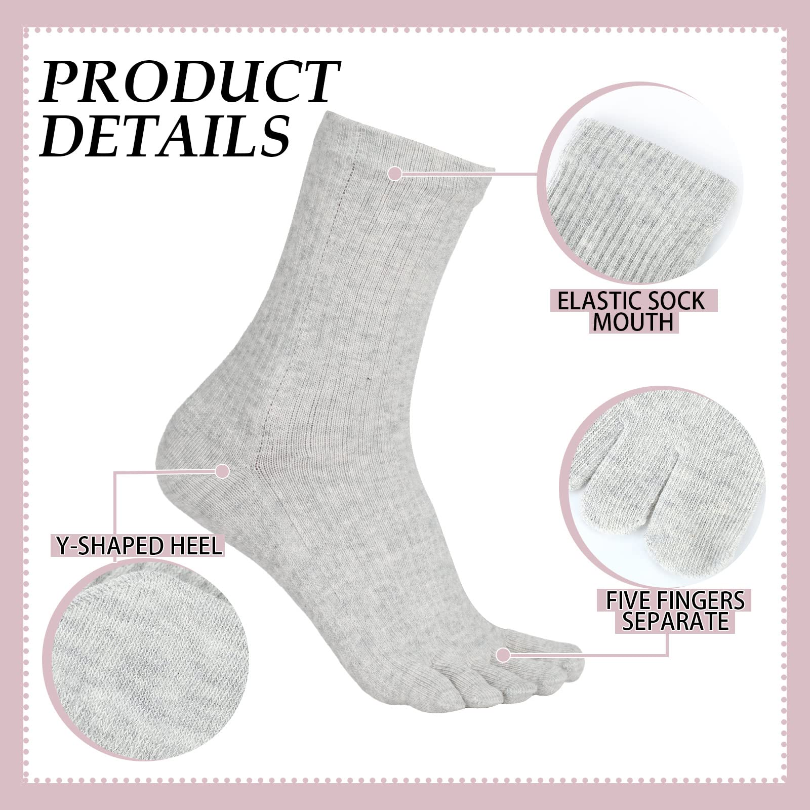 Bencailor 4 Pair Women Five Toe Socks Cotton Toe Socks Athletic Running Long Split Toe Women's Cotton Crew Ankle Socks(Black, Beige, Pink, Grey)