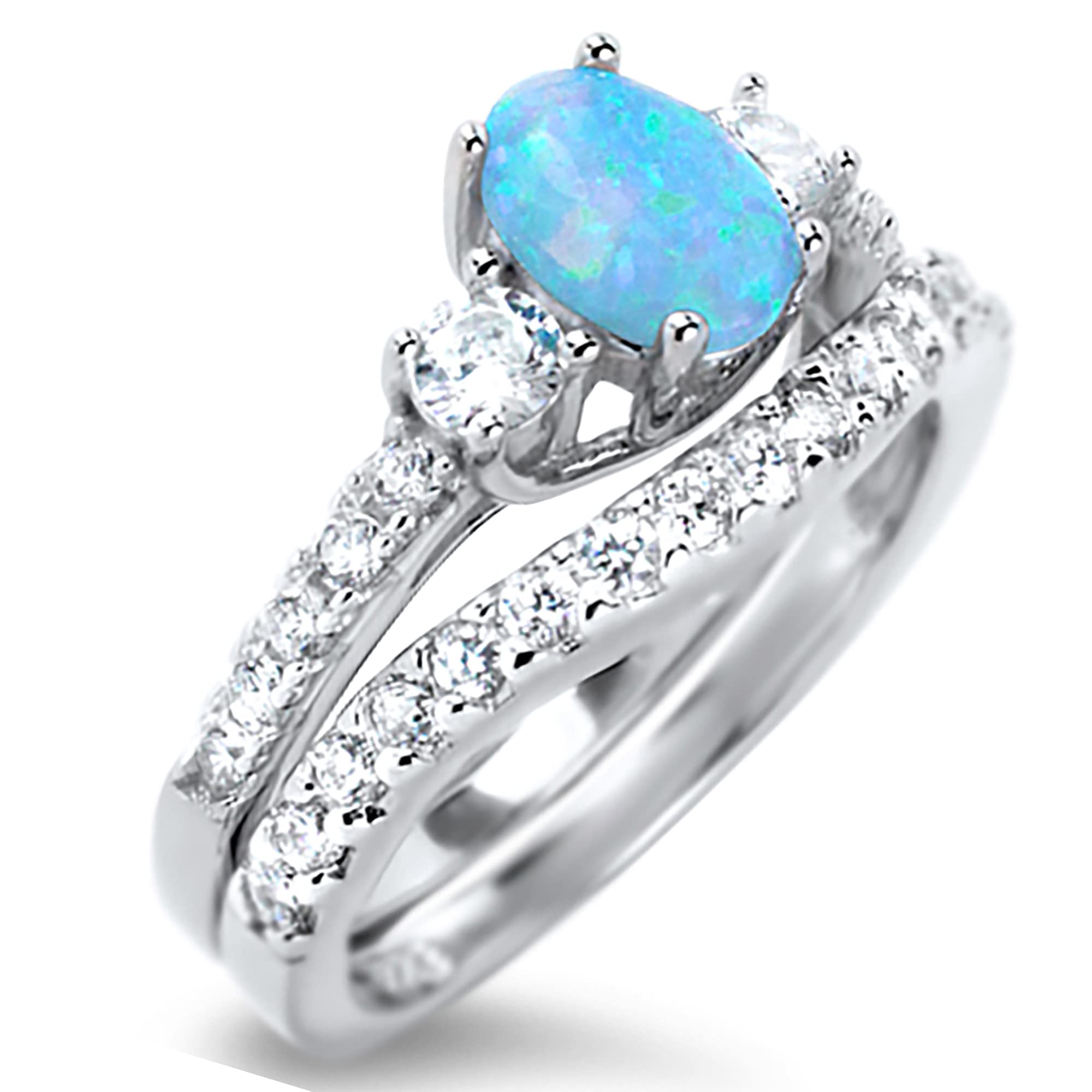 LaRaso & Co His Hers Sterling Silver TRIO Wedding Set Blue Opal White Topaz Gemstone Bridal Rings Him Her 9/6