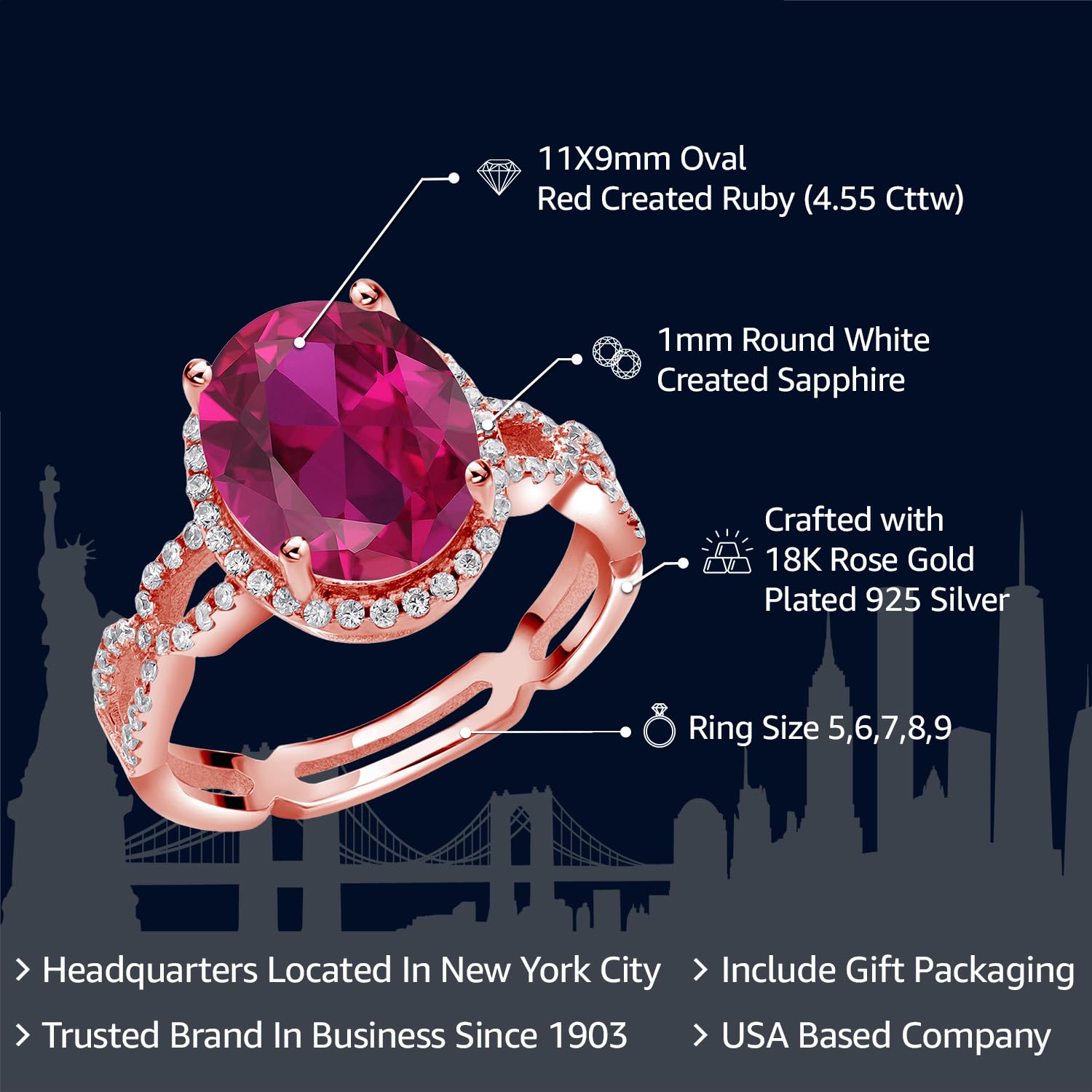 Gem Stone King 18K Rose Gold Plated Silver Red Created Ruby and White Created Sapphire Ring For Women (4.55 Cttw, Available In Size 5, 6, 7, 8, 9)