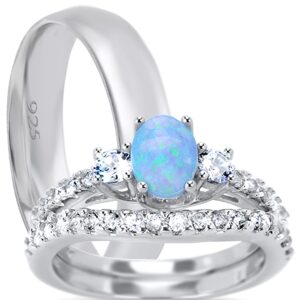 LaRaso & Co His Hers Sterling Silver TRIO Wedding Set Blue Opal White Topaz Gemstone Bridal Rings Him Her 8/9