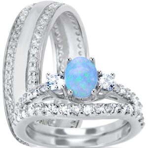 LaRaso & Co His Hers Sterling Silver TRIO Wedding Set Blue Opal White Topaz Gemstone Bridal Rings Him Her 9/6