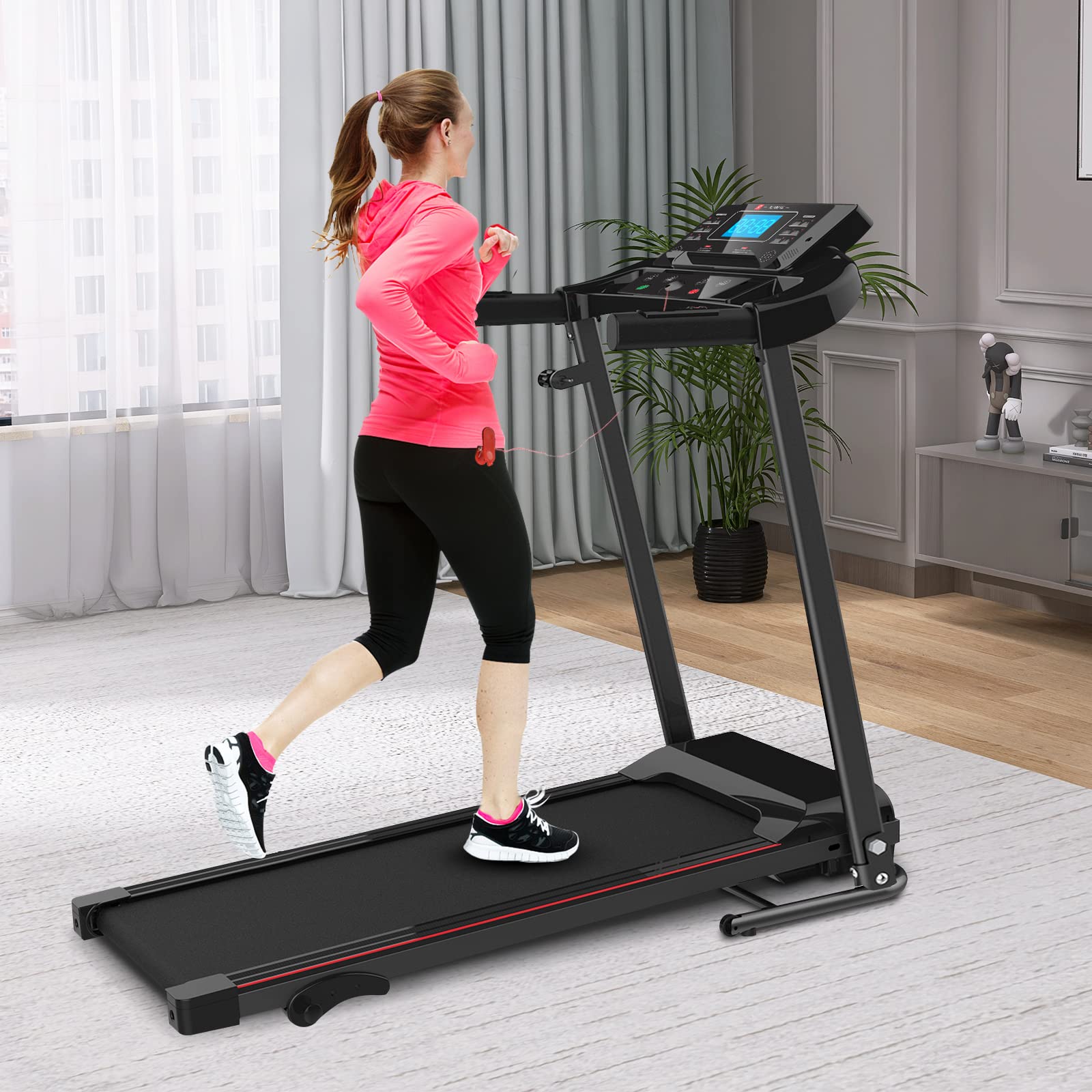 SoarFlash Folding Treadmill for Home Office Gym, Motorized Running Walking Machine with LCD Monitor, Cup Holder, 12 Preset Programs