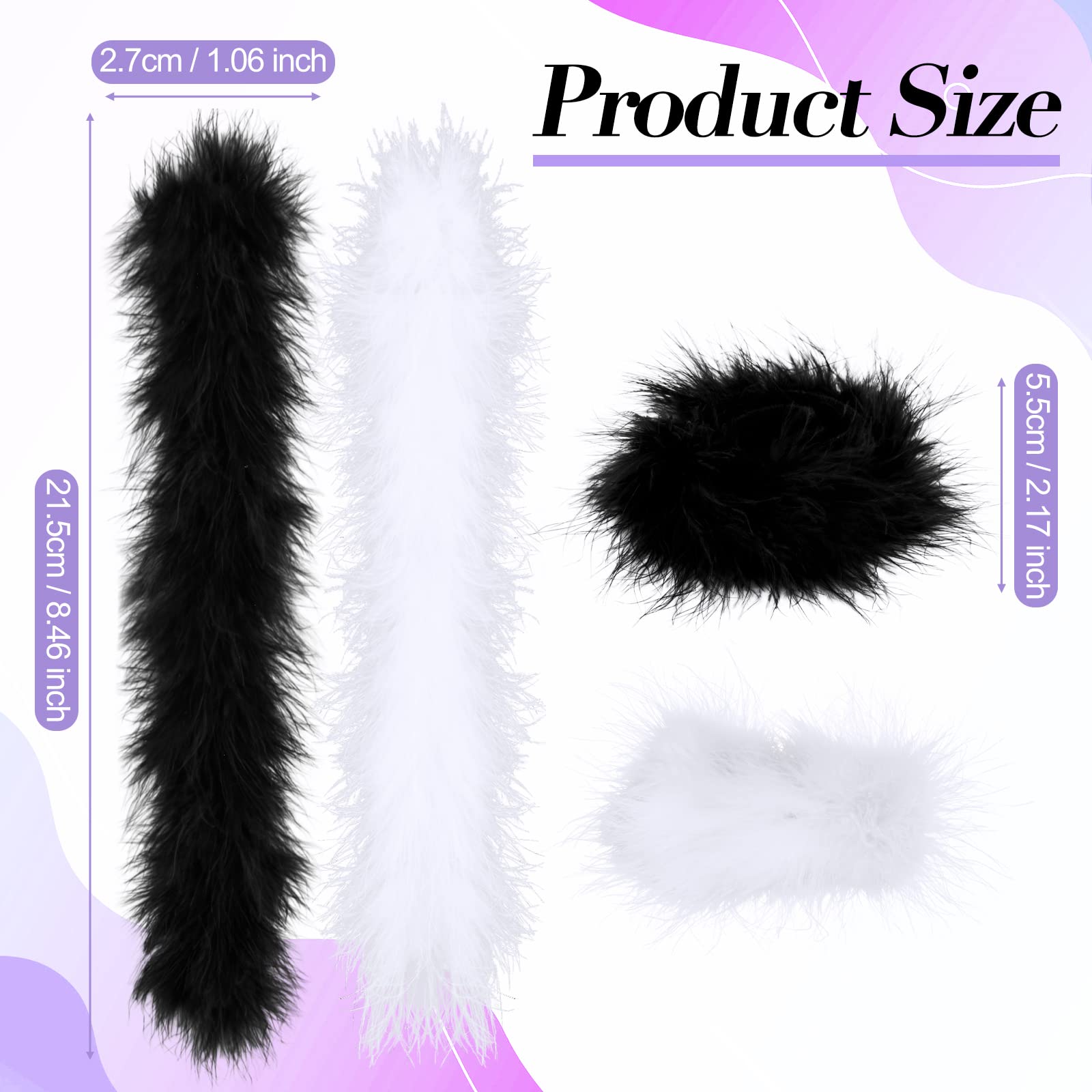 Jutom 2 Pairs Feather Slap Bracelet Cuffs for Women Furry Slap on Wrist Bangle Fluffy Wristbands for Party Decoration (Black, White)