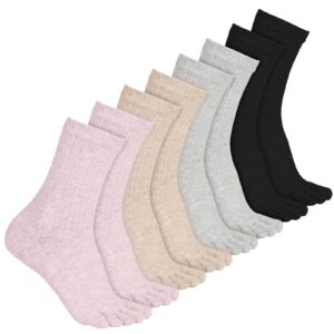 Bencailor 4 Pair Women Five Toe Socks Cotton Toe Socks Athletic Running Long Split Toe Women's Cotton Crew Ankle Socks(Black, Beige, Pink, Grey)