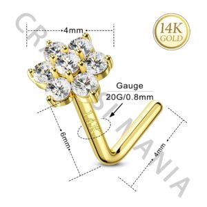 CM Crareesi Mania 14K Real Gold Nose Rings 20G Nose Piercing Jewelry Flower Nose Rings Studs L-Shaped Solid Yellow Gold Nose Rings for Women