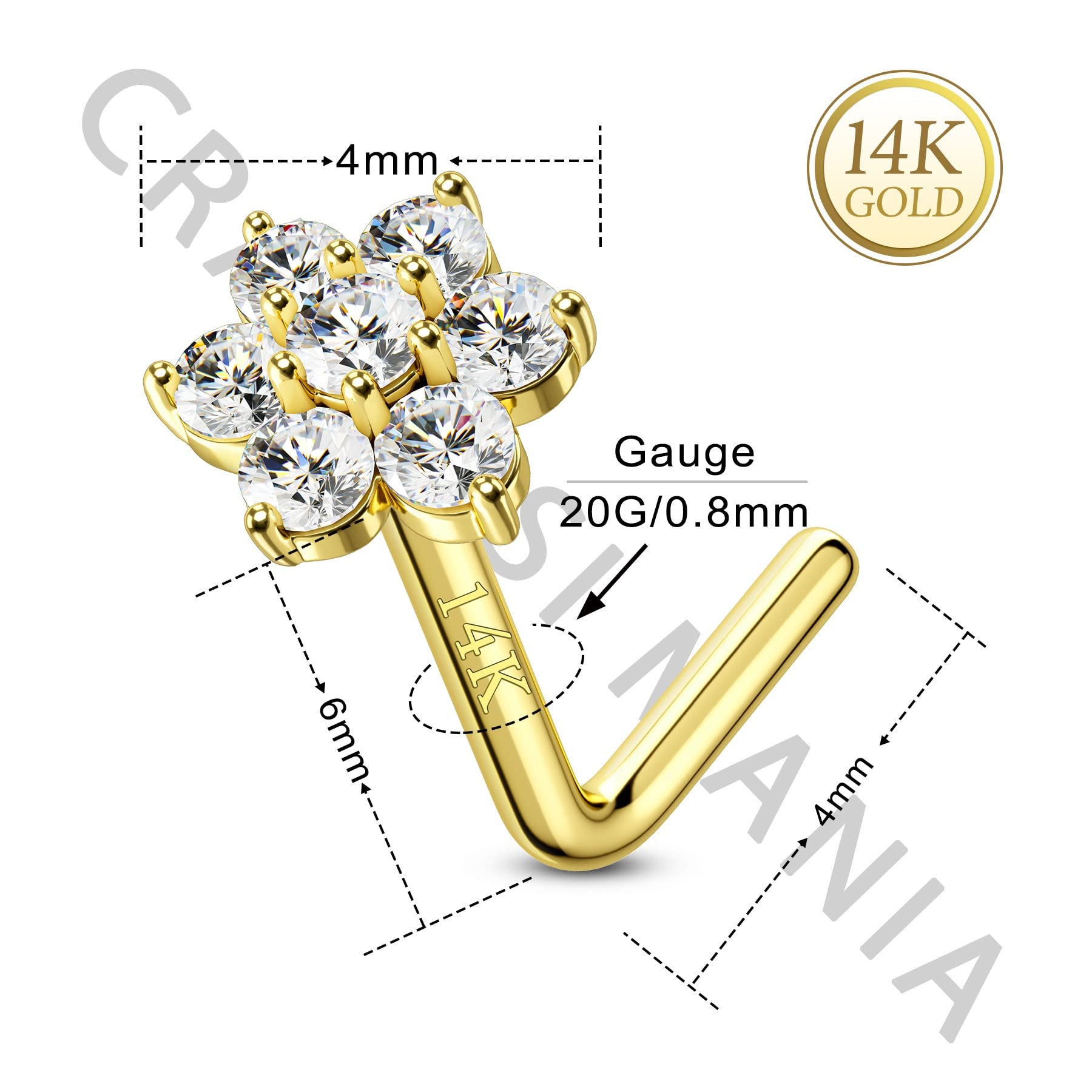 CM Crareesi Mania 14K Real Gold Nose Rings 20G Nose Piercing Jewelry Flower Nose Rings Studs L-Shaped Solid Yellow Gold Nose Rings for Women