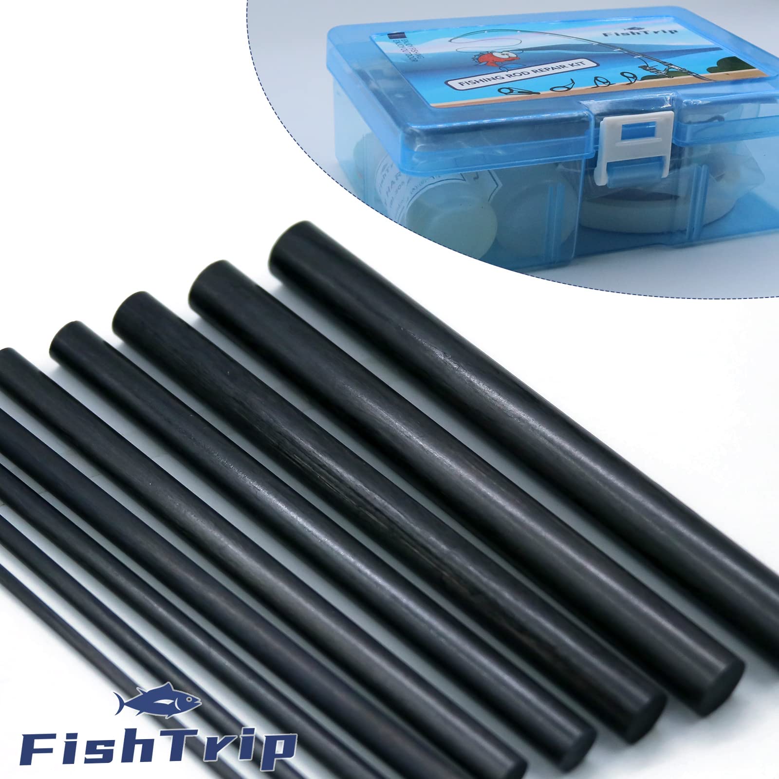 FishTrip Fishing Rod Repair Kit Complete with Epoxy,10pcs Carbon Fiber Sticks Pole Building Kit, AB Glue, Wrapping Thread for Saltwater Freshwater Spinning Casting Rod