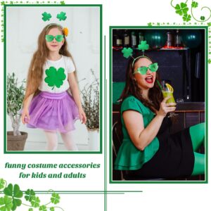 Jutom 24 Pcs St. Patrick's Day Shamrock Headbands Glasses Set, Green St Patricks Day Costume Accessories 12 Pcs Boppers Headwear and 12 Pairs Transparent Rimless Love Eyewear for Irish Party Supplies