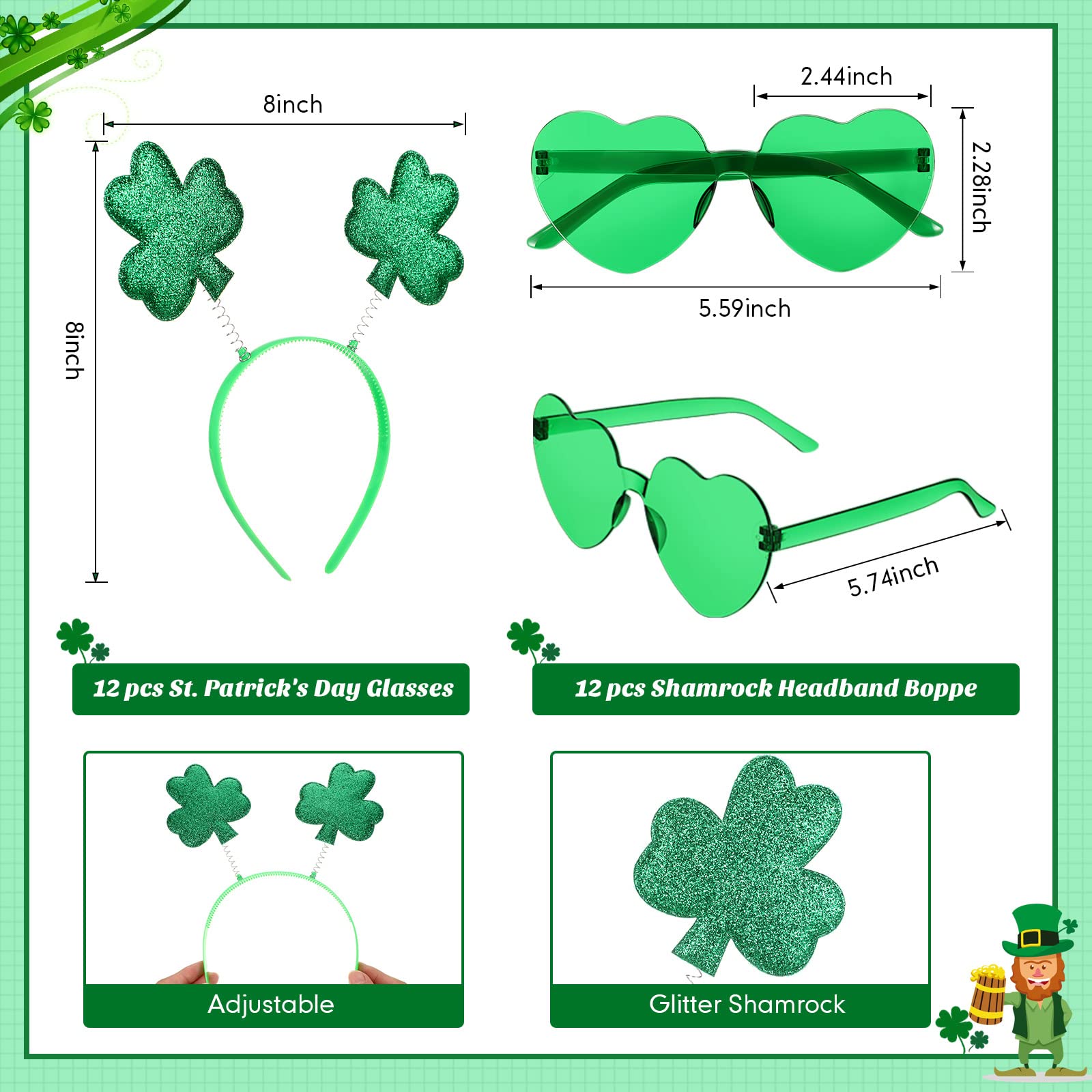 Jutom 24 Pcs St. Patrick's Day Shamrock Headbands Glasses Set, Green St Patricks Day Costume Accessories 12 Pcs Boppers Headwear and 12 Pairs Transparent Rimless Love Eyewear for Irish Party Supplies