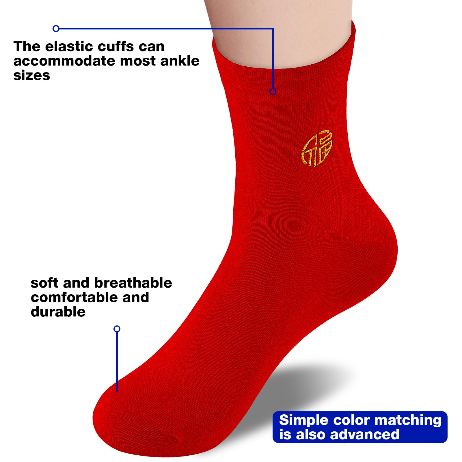 AMZZTCQ Women's round neck sports casual wearable calf socks, size5-9,6 pairs of red embroidery