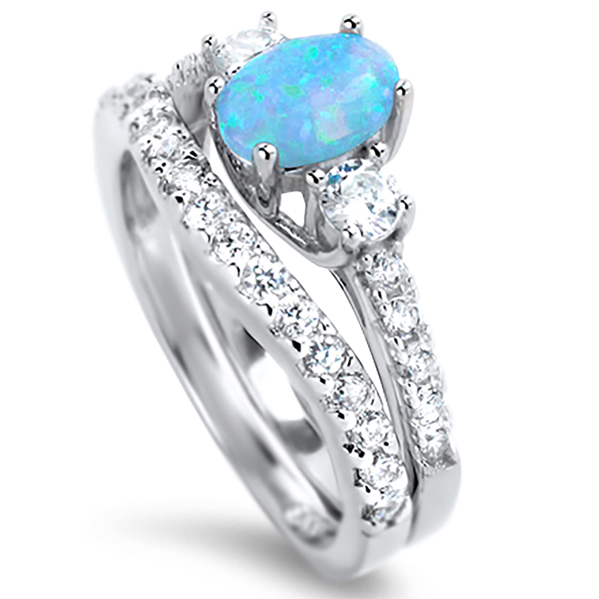 LaRaso & Co His Hers Sterling Silver TRIO Wedding Set Blue Opal White Topaz Gemstone Bridal Rings Him Her 9/6