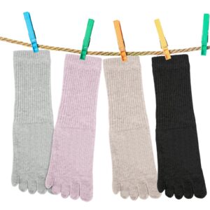 Bencailor 4 Pair Women Five Toe Socks Cotton Toe Socks Athletic Running Long Split Toe Women's Cotton Crew Ankle Socks(Black, Beige, Pink, Grey)