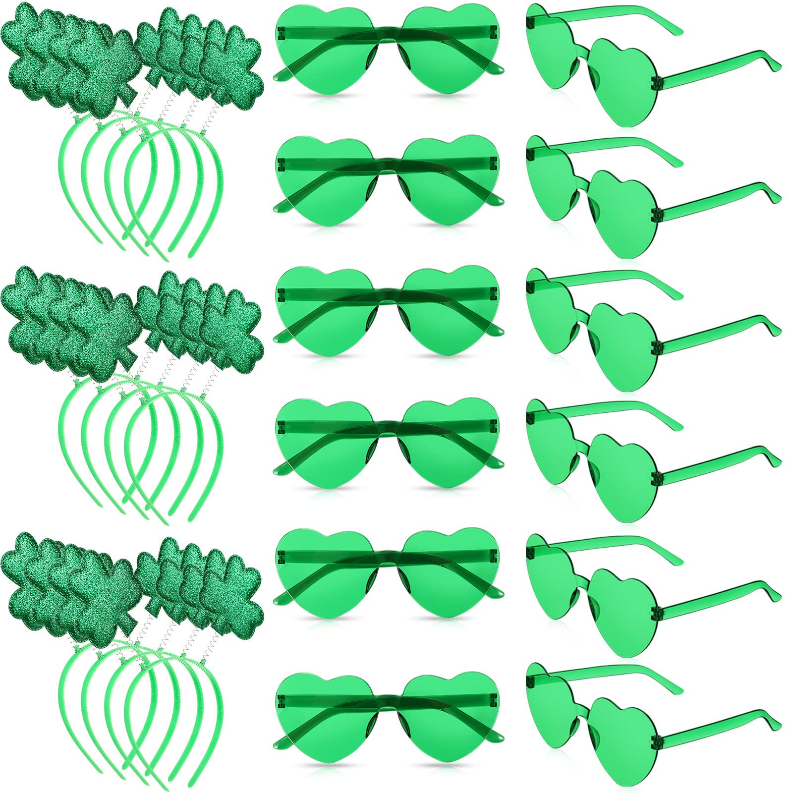 Jutom 24 Pcs St. Patrick's Day Shamrock Headbands Glasses Set, Green St Patricks Day Costume Accessories 12 Pcs Boppers Headwear and 12 Pairs Transparent Rimless Love Eyewear for Irish Party Supplies