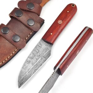 Custom Handmade Fixed Blade Damascus Knife for Hunting & skinning With Leather Sheath - 8 Inch hand Forged Full Tang Knives For Hunting Men and Women - Best Camping Outdoor Belt Case Knife With Wood Handle (13103)