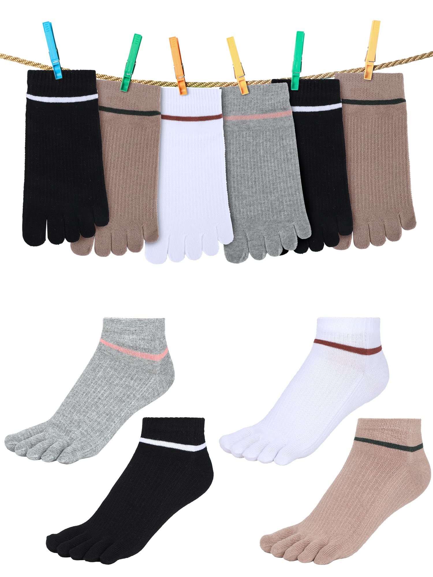 Bencailor 4 Pair Women Five Toe Socks Cotton Toe Socks Athletic Running Long Split Toe Women's Cotton Crew Ankle Socks(Black, White, Grey, Khaki)