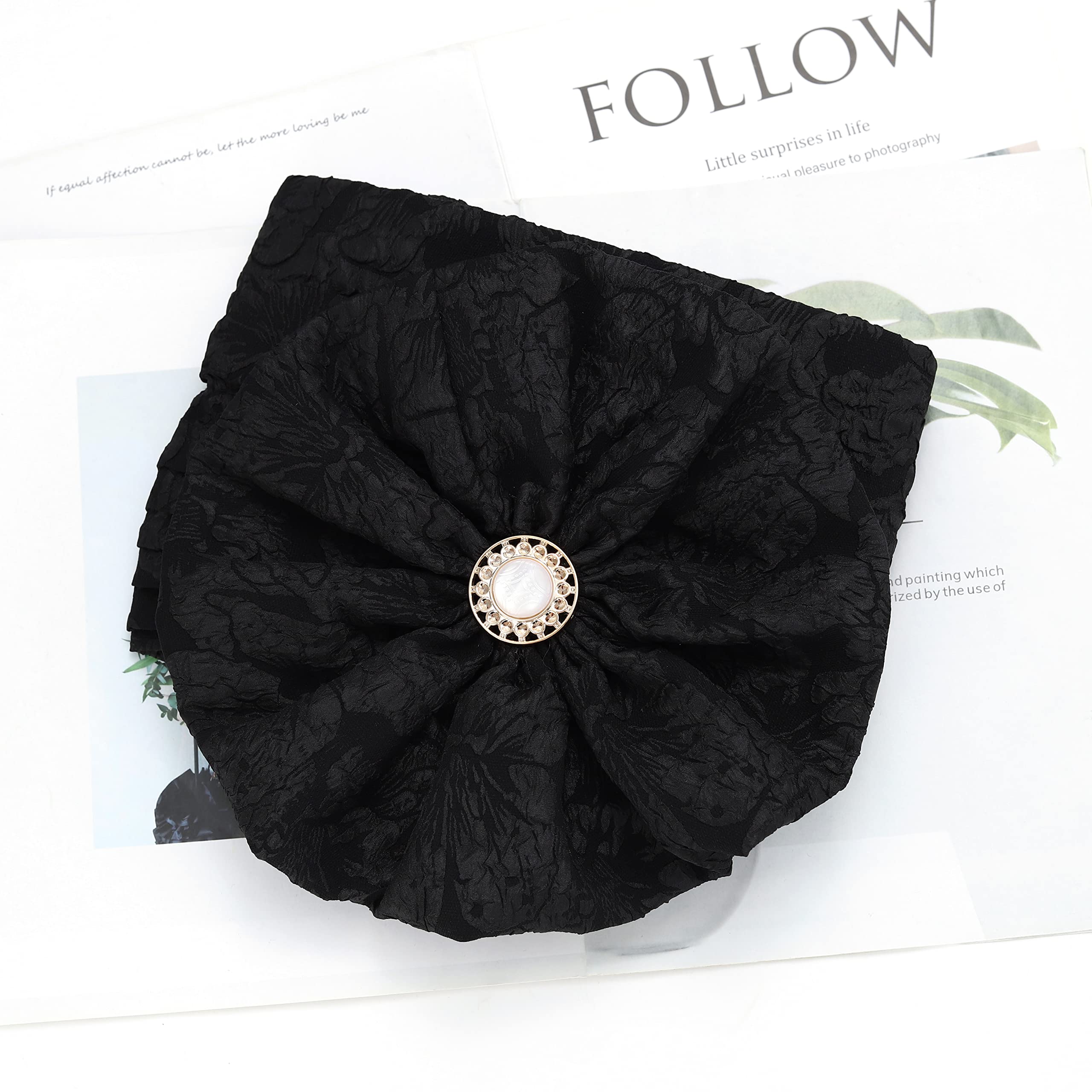 Urieo Big Flower Turban Black Beanie Head Wrap Elastic Ruffle Headwrap Hat for Women