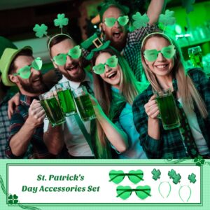 Jutom 24 Pcs St. Patrick's Day Shamrock Headbands Glasses Set, Green St Patricks Day Costume Accessories 12 Pcs Boppers Headwear and 12 Pairs Transparent Rimless Love Eyewear for Irish Party Supplies