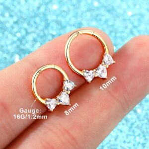 Melighting Solid Gold Septum Rings 16G Gold Heart Septum Jewelry 9K Gold Daith Piercing Jewelry for Women Helix Earrings Clear CZ Gold Tragus Piercing Jewelry