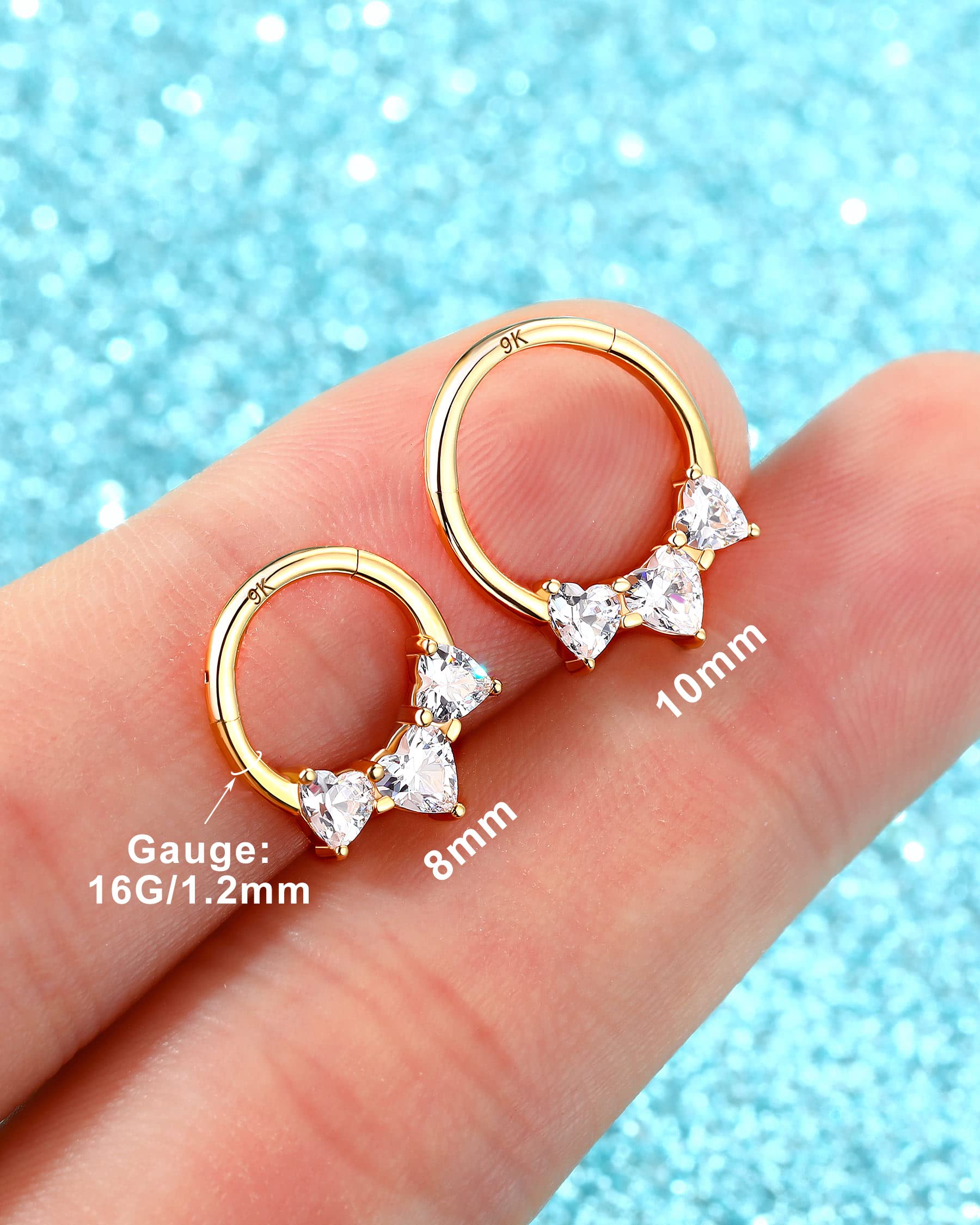 Melighting Solid Gold Septum Rings 16G Gold Heart Septum Jewelry 9K Gold Daith Piercing Jewelry for Women Helix Earrings Clear CZ Gold Tragus Piercing Jewelry