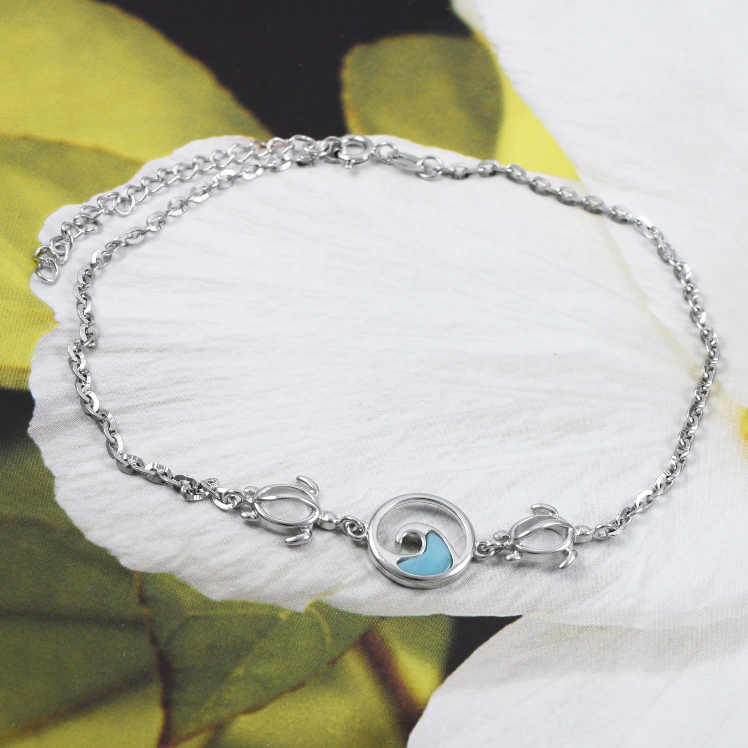 Unique Hawaiian Genuine Larimar Ocean Wave Sea Turtle Ankle Bracelet, Sterling Silver Larimar Wave Turtle Anklet, B9395A