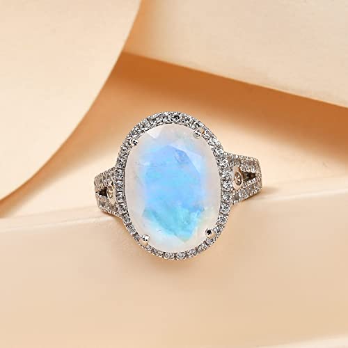 Moon Glow Moonstone White Zircon 925 Sterling Silver Platinum Plated Halo Ring for Women Jewelry Gifts Size 6 Ct 8.7