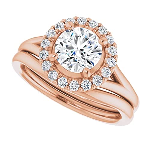 Round Moissanite Engagement Ring Set 1 CT Handmade 10K Solid Rose Gold Rings for Women Solitaire Colorless Diamond Anniversary Halo Bridal Wedding Ring Proposal Gifts VVS1 Colorless